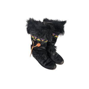 Vintage Tecnica Womens Goat Fur Boots Apres Tribal Boho Black Eur:40 US:9